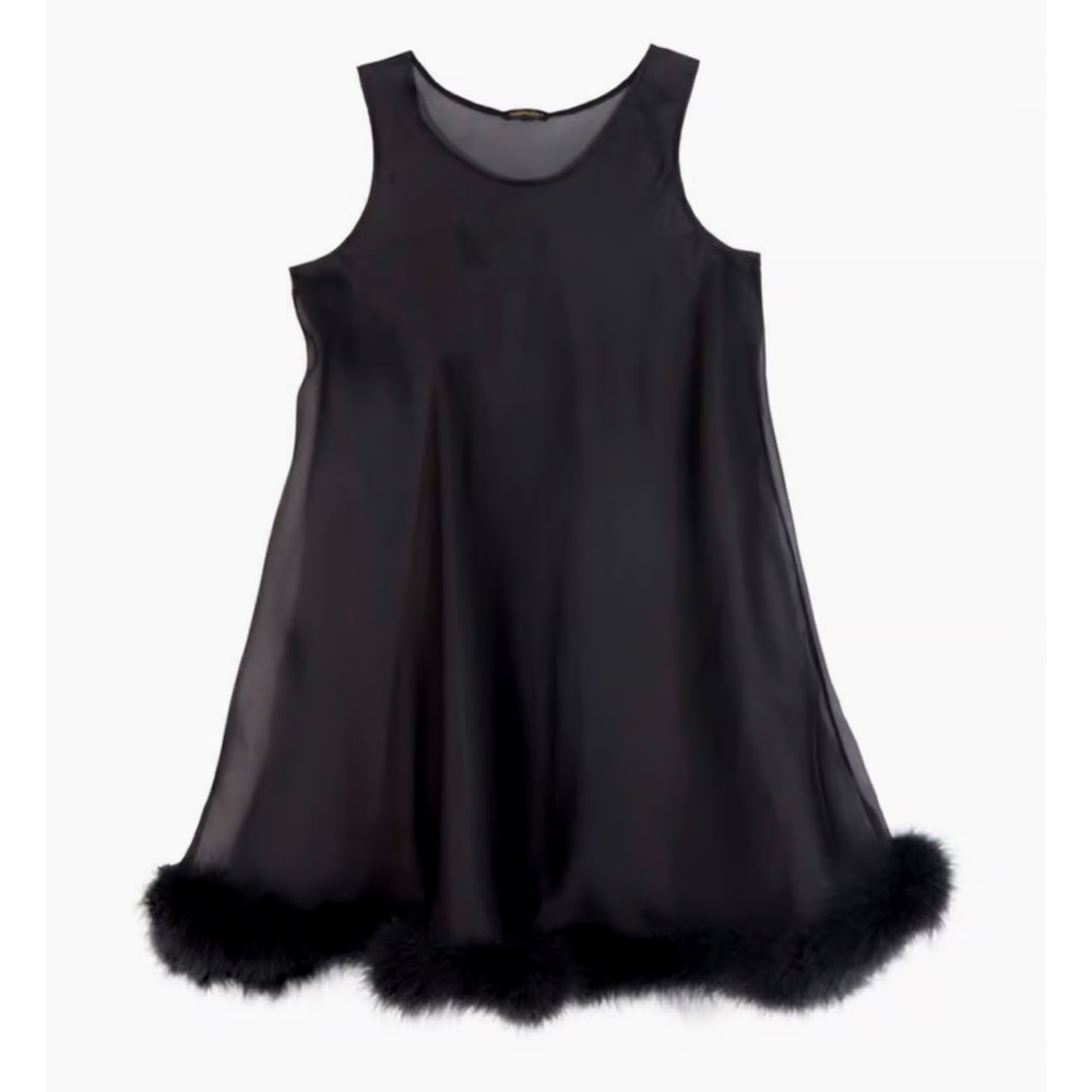 Rosamosario 100% Silk Organza Black Marabou Short Dress